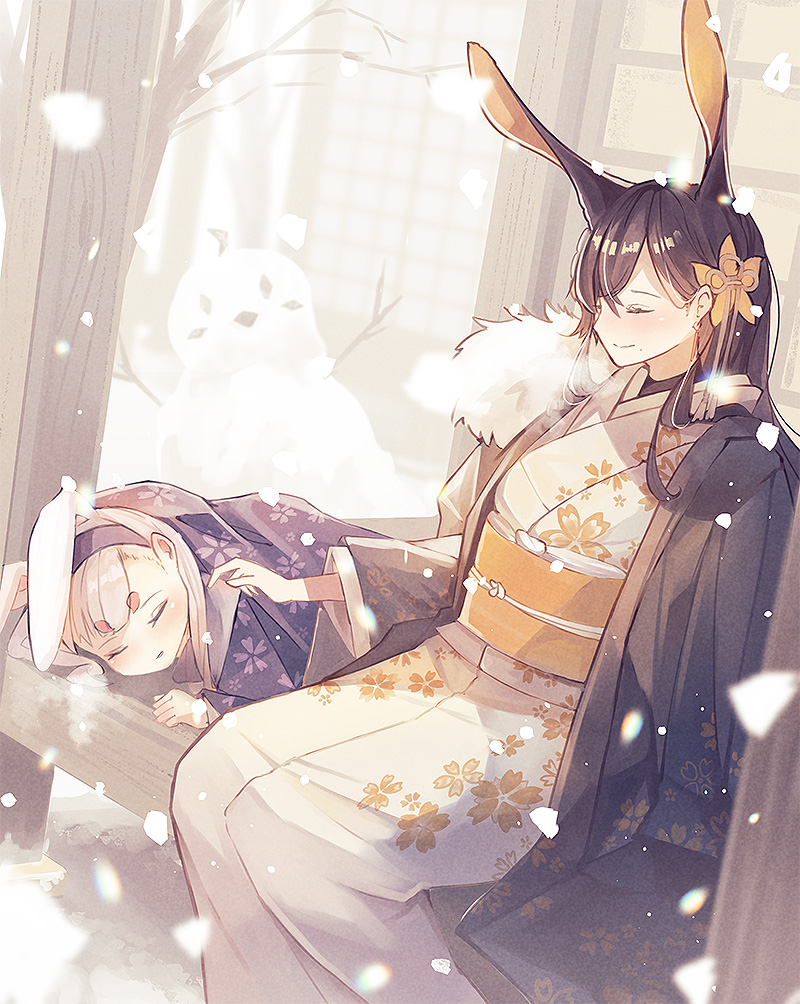 2girls alternate_costume animal_ears architecture azur_lane black_hairband brown_hair chikuma_(azur_lane) closed_eyes coat coat_on_shoulders east_asian_architecture floral_print flower fur_trim hair_flower hair_ornament hairband japanese_clothes kimono long_hair multiple_girls orange_flower outdoors purple_kimono rabbit_ears sash sea_nami shimakaze_(azur_lane) sitting sleeping snow snowman white_kimono winter yellow_sash