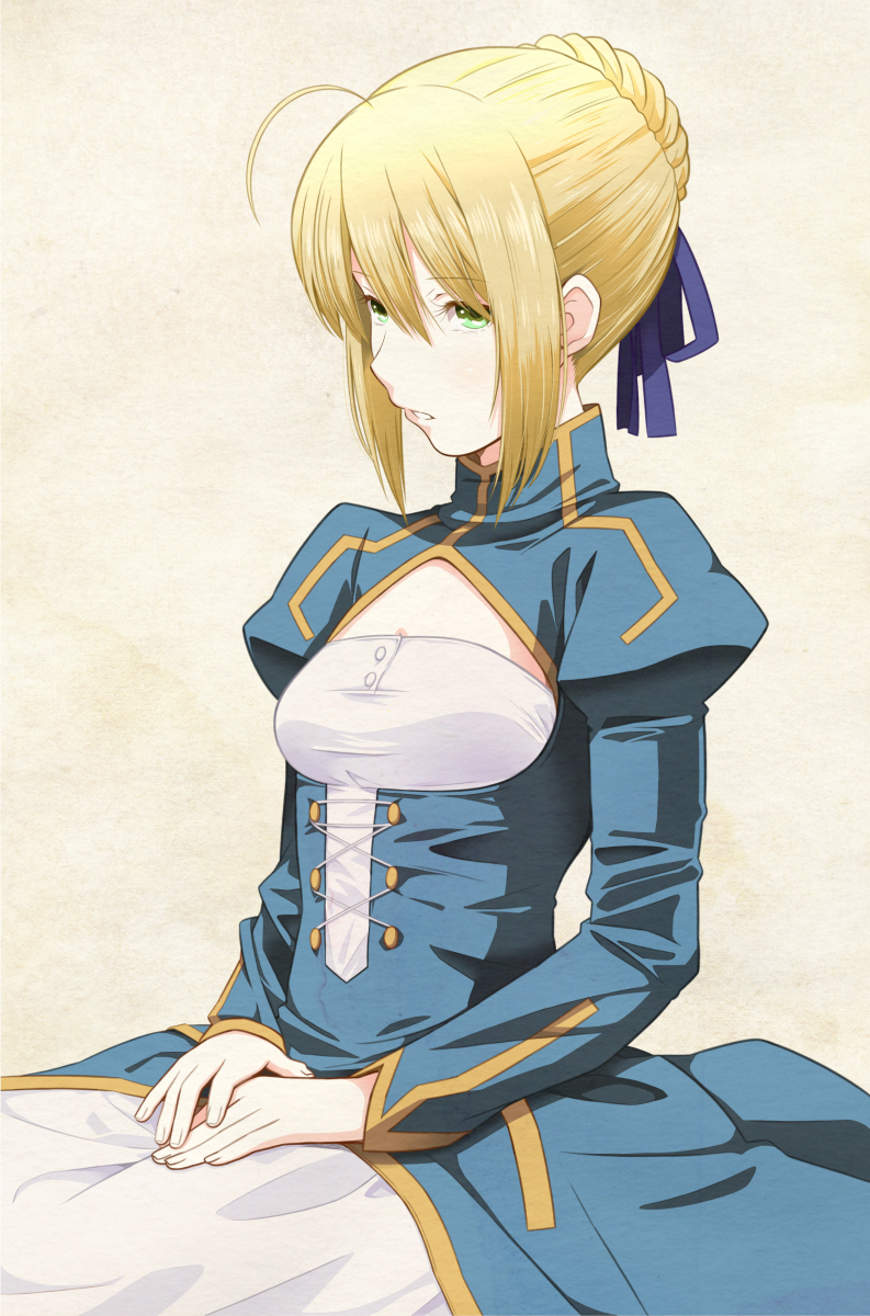 1girl ahoge artoria_pendragon_(all) bangs blonde_hair blue_dress blue_ribbon boots braid breastplate breasts closed_mouth commentary_request dress excalibur fate/stay_night fate_(series) gauntlets green_eyes grey_footwear hair_ribbon highres juliet_sleeves long_dress long_sleeves looking_at_viewer puffy_sleeves ribbon saber short_hair simple_background solo tukumo99