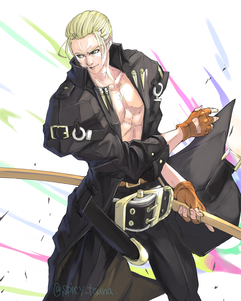 1boy abs belt blonde_hair blue_eyes brown_footwear brown_gloves buckle coat collarbone fingerless_gloves gloves guilty_gear guilty_gear_xrd highres holding holding_sword holding_weapon johnny_(guilty_gear) katana male_focus motion_lines no_eyewear open_clothes pectorals sheath sheathed signature simple_background solo sword tsuna_(akmu8832) weapon white_background