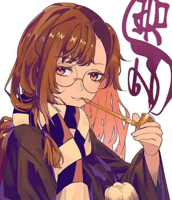 1girl bangs brown_eyes brown_hair class_mate closed_mouth futatsuiwa_mamizou glasses green_kimono holding japanese_clothes kimono kiseru long_hair long_sleeves looking_at_viewer pipe raccoon_girl raccoon_tail simple_background smile smoke smoking solo tail touhou white_background