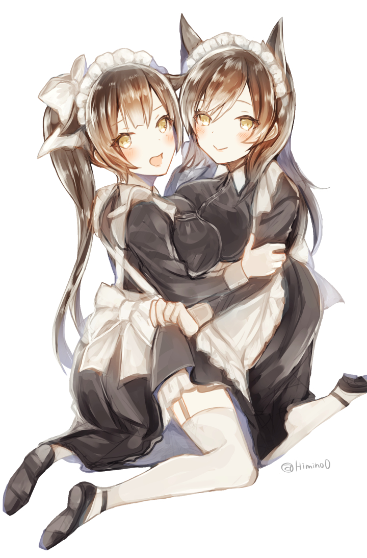 2girls animal_ears atago_(azur_lane) azur_lane bangs black_hair black_legwear blush breasts hair_flaps highres himino_(himino0) holding holding_hands large_breasts long_hair long_sleeves looking_at_viewer maid maid_dress maid_uniform multiple_girls pantyhose ponytail skirt smile takao_(azur_lane) thigh-highs thighs uniform yellow_eyes yuri