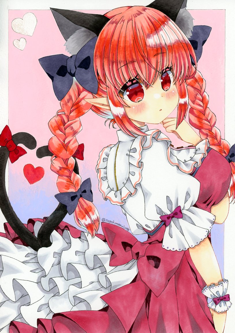 1girl alternate_costume animal_ear_fluff animal_ears bangs black_bow blue_background border bow braid breasts cat_ears closed_mouth cowboy_shot extra_ears eyebrows_visible_through_hair frills from_side gradient gradient_background hair_bow heart heart_tail kaenbyou_rin large_breasts long_hair looking_at_viewer maid marker_(medium) multicolored_background multiple_bows multiple_tails nekomata pink_background pointy_ears red_bow red_eyes redhead side_braids solo tail touhou traditional_media twin_braids two_tails white_border wrist_cuffs zenra1112