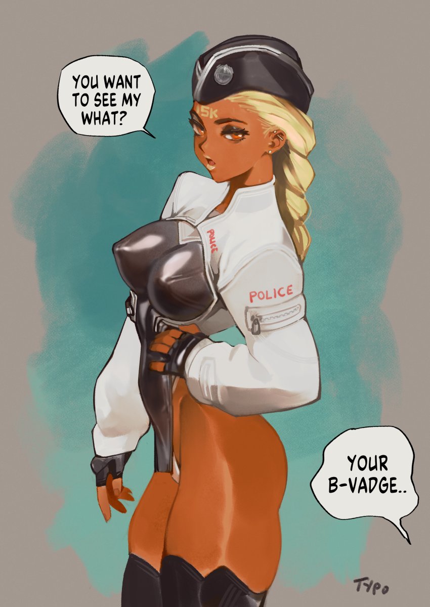 1girl blonde_hair borrowed_character braid braided_ponytail breasts clothes_writing copyright_request cropped_jacket dark-skinned_female dark_skin ear_piercing earrings english_commentary english_text fingerless_gloves forehead_writing garrison_cap gloves hand_on_hip hat highleg highleg_panties highres jewelry latex long_hair looking_at_viewer optionaltypo panties parody pelvic_curtain piercing signature simple_background solo stud_earrings style_parody thigh-highs underwear