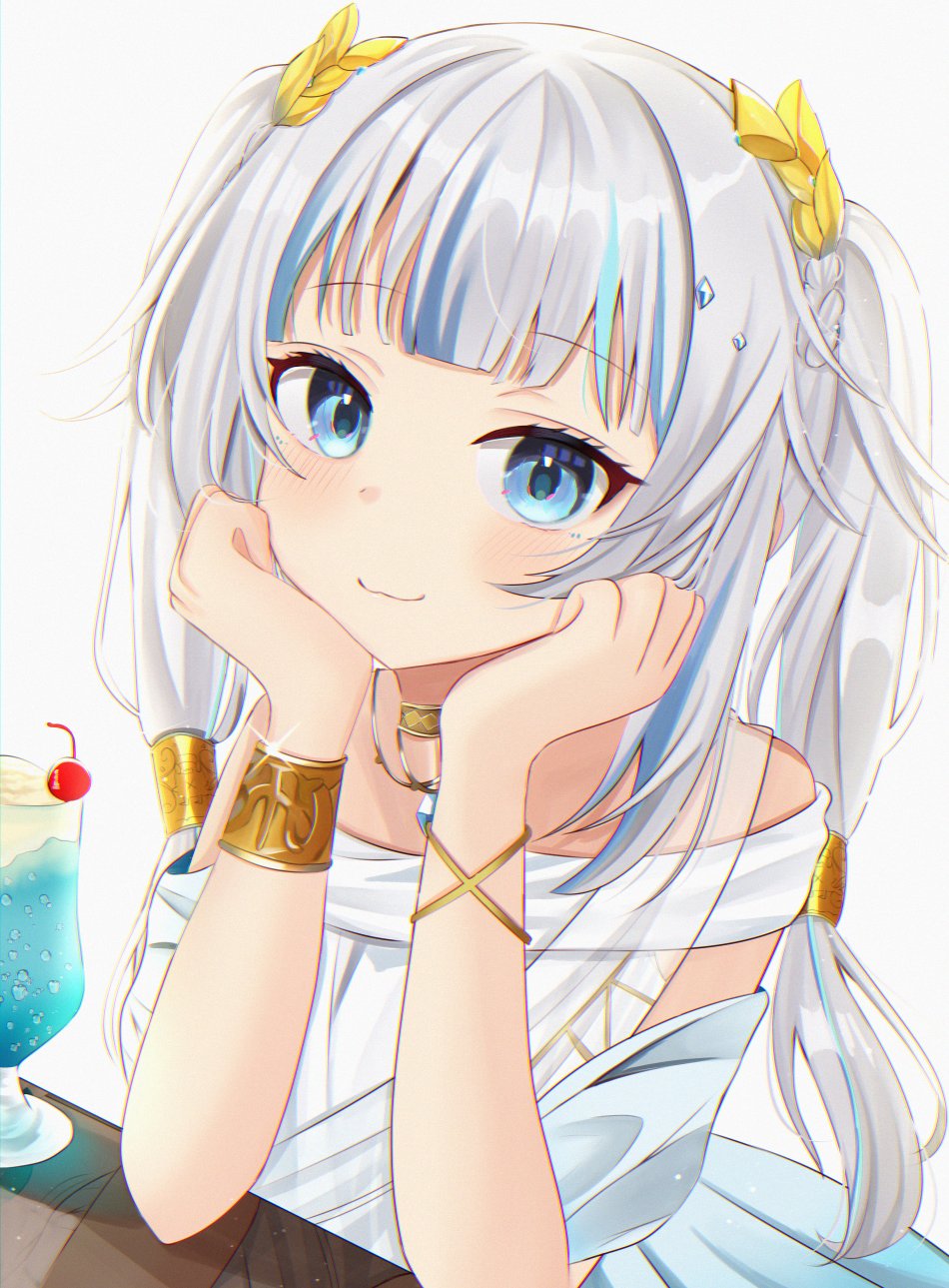 1girl :3 bangs blue_eyes blunt_bangs blush bracelet drink gawr_gura glint hands_on_own_cheeks hands_on_own_face highres hololive hololive_english jewelry light_smile long_hair looking_at_viewer multicolored_hair nibosi simple_background solo streaked_hair twintails upper_body white_background