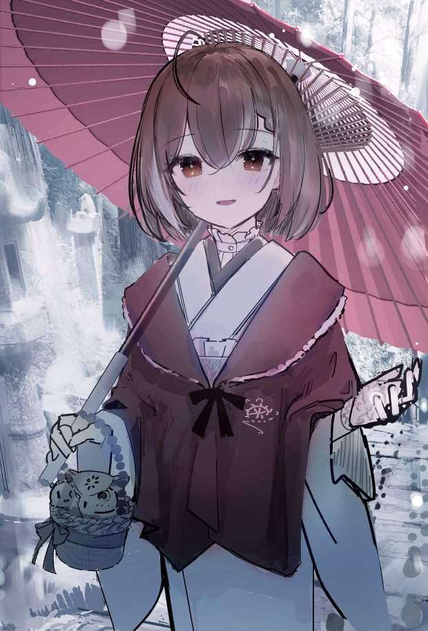 1girl :d bangs basket bird blush braid bridge brown_eyes brown_hair earrings embroidery eyebrows_visible_through_hair feathers floral_print flower_(symbol) gloves hair_between_eyes hat hololive hololive_english japanese_clothes jewelry kimono lace lace_gloves looking_at_viewer multicolored_hair nanashi_mumei official_alternate_costume oil-paper_umbrella owl print_kimono red_shawl ribbon runes sash short_hair shrine simple_background single_earring sketch smile snow solo streaked_hair t6_ti tree umbrella unfinished virtual_youtuber water white_kimono wide_sleeves