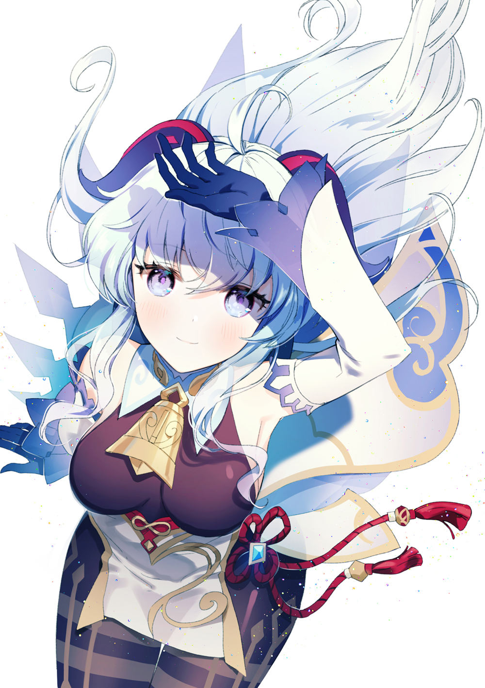 ahoge armpits bangs bell black_gloves black_legwear blue_hair blush breasts chinese_knot detached_sleeves flower_knot from_above ganyu_(genshin_impact) genshin_impact gloves gold_trim hand_up highres horns long_hair looking_at_viewer low_ponytail medium_breasts neck_bell red_rope rope rumi_(rarumi11) sidelocks sitting smile solo tassel thighlet violet_eyes vision_(genshin_impact) waist_cape white_background white_sleeves