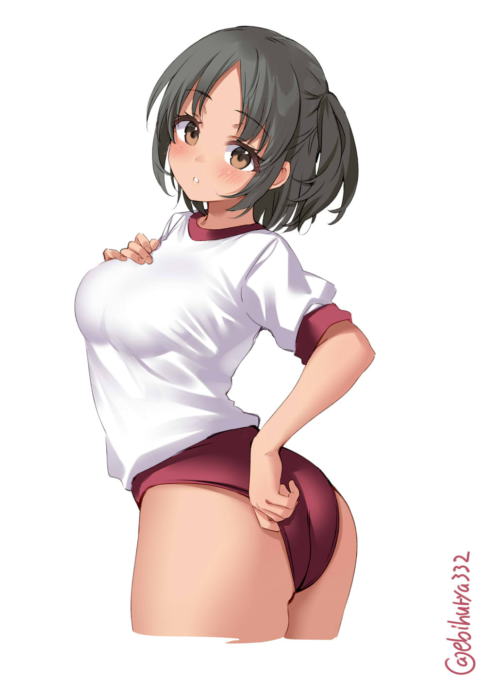 1girl black_hair blush brown_eyes buruma cowboy_shot cropped_legs ebifurya eyebrows_visible_through_hair gym_shirt highres kantai_collection nagara_(kancolle) one_eye_closed open_mouth puffy_short_sleeves puffy_sleeves red_buruma shirt short_hair short_sleeves simple_background solo twitter_username white_background white_shirt