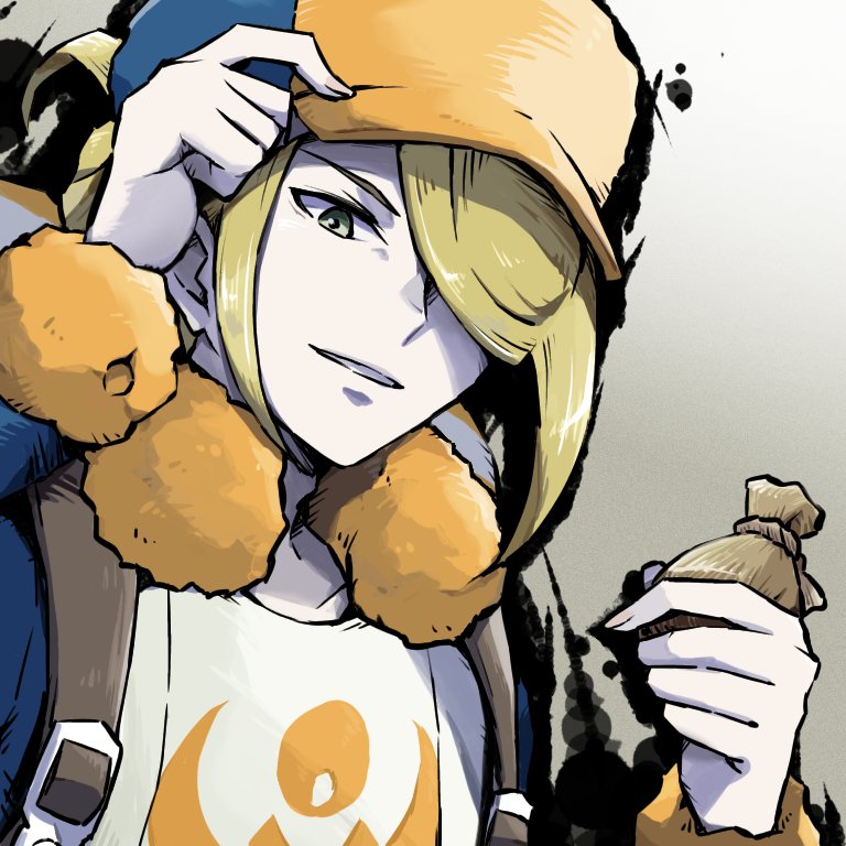 1boy ayo_(ayosanri009) blonde_hair commentary_request fur_collar green_eyes grey_background hair_over_one_eye hands_up hat holding long_sleeves looking_down male_focus orange_headwear parted_lips pokemon pokemon_(game) pokemon_legends:_arceus solo strap upper_body volo_(pokemon)