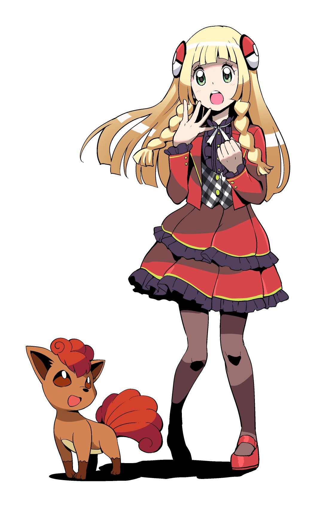 1girl :o black_legwear blonde_hair bow braid chestnut_mouth commentary cosplay english_commentary frilled_skirt frills green_eyes hand_to_own_mouth highres jacket lillie_(pokemon) long_hair open_mouth pantyhose poke_ball_hair_ornament pokemon pokemon_(creature) pokemon_(game) pokemon_duel pokemon_sm red_skirt shadow sharon_(pokemon) shiny shiny_hair shoes skirt suitenan teeth twin_braids upper_teeth vest vulpix white_background