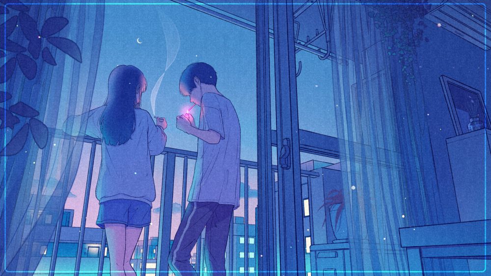 1boy 1girl black_hair city_lights cityscape clouds commentary_request couple crescent_moon curtains facing_away hetero indoors lighting_cigarette long_hair moon original pants patio plant shirt shorts sliding_doors smoking sunset table vase wacca005