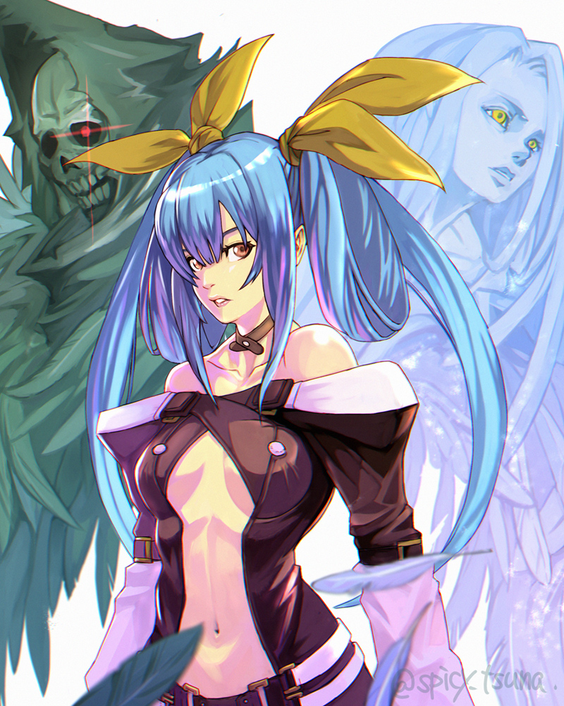 1girl angel_wings artist_name asymmetrical_wings bare_shoulders belt blue_hair breasts center_opening collarbone dizzy_(guilty_gear) feathers glowing glowing_eye guilty_gear guilty_gear_x guilty_gear_xx hair_ribbon large_breasts long_hair long_sleeves looking_at_viewer looking_to_the_side low_twintails midriff navel necro_(guilty_gear) parted_lips red_eyes ribbon solo standing stomach tsuna_(akmu8832) twintails undine_(guilty_gear) white_background wings yellow_eyes yellow_ribbon