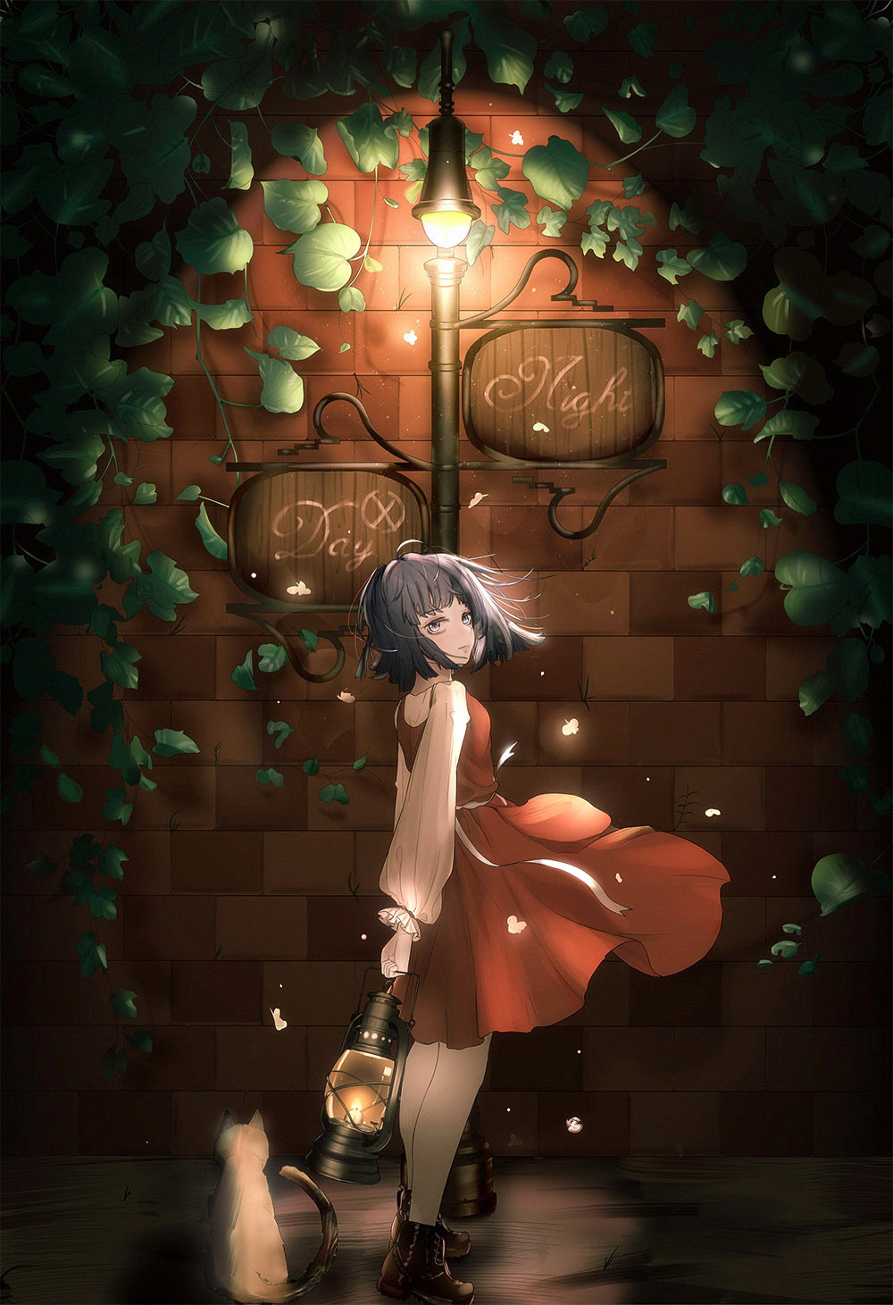 1girl animal bangs black_eyes black_hair brick_wall cat class_mate closed_mouth dress full_body highres lamppost long_hair long_sleeves looking_at_viewer looking_to_the_side original outdoors pinafore_dress plant red_dress shirt sign solo standing vines white_shirt