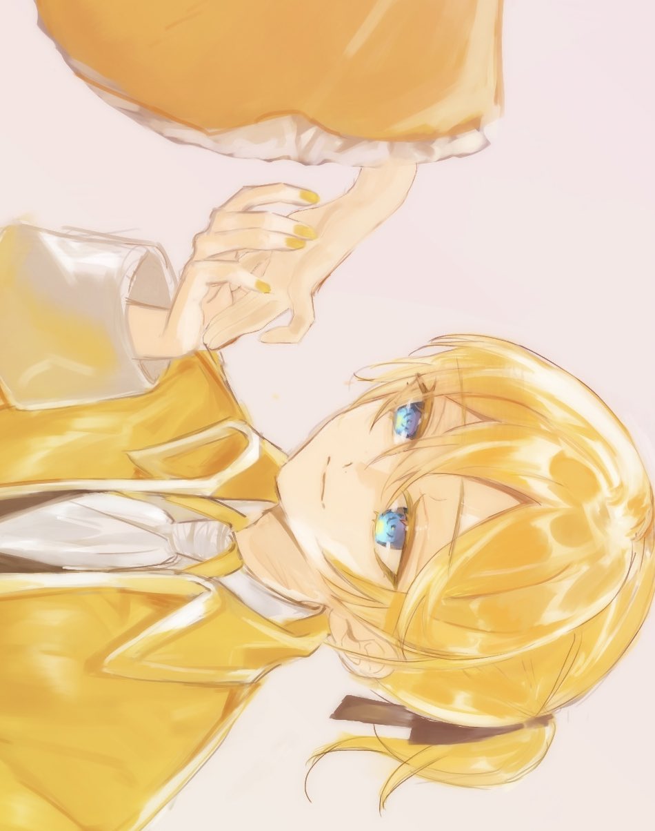 1boy 1girl aku_no_meshitsukai_(vocaloid) allen_avadonia ascot blonde_hair blue_eyes brother_and_sister colored_eyelashes evillious_nendaiki eyebrows_visible_through_hair frilled_sleeves frills hair_ribbon half-closed_eyes highres holding_hands jacket kagamine_len kagamine_rin kzs_souko male_focus out_of_frame ribbon riliane_lucifen_d'autriche shirt short_ponytail siblings sideways sketch smile solo_focus twins vocaloid wide_sleeves yellow_jacket yellow_nails