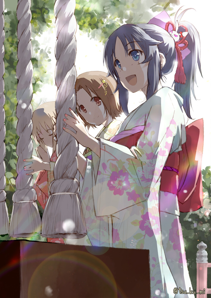 3girls alternate_hairstyle bangs blue_eyes blue_hair bow brown_eyes brown_hair bunny_hair_ornament closed_eyes closed_mouth commentary day floral_print freckles furisode girls_und_panzer hair_bow hair_ornament hair_up hatsumoude japanese_clothes kimono lens_flare long_hair long_sleeves looking_at_another looking_to_the_side multiple_girls nishizumi_miho obi open_mouth outdoors own_hands_together parted_bangs pink_kimono ponytail praying print_kimono purple_bow rope sash sawa_azusa shimenawa short_hair smile standing temple twitter_username white_kimono wide_sleeves yamagou_ayumi yurikuta_tsukumi