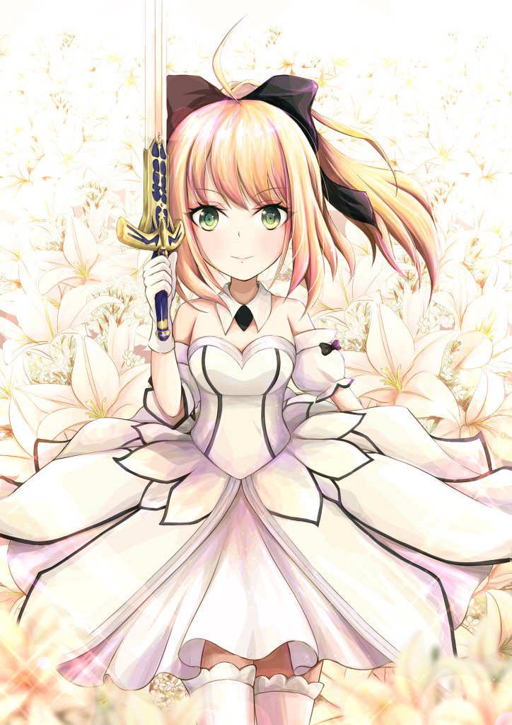 1girl artoria_pendragon_(all) black_bow blonde_hair bow breastplate caliburn dress eyebrows_visible_through_hair fate/grand_order fate/unlimited_codes fate_(series) faulds floating_hair gauntlets green_eyes hair_between_eyes hair_bow highres long_hair looking_at_viewer mumu_illust outdoors petals ponytail saber_lily signature sleeveless sleeveless_dress solo standing sword weapon white_dress