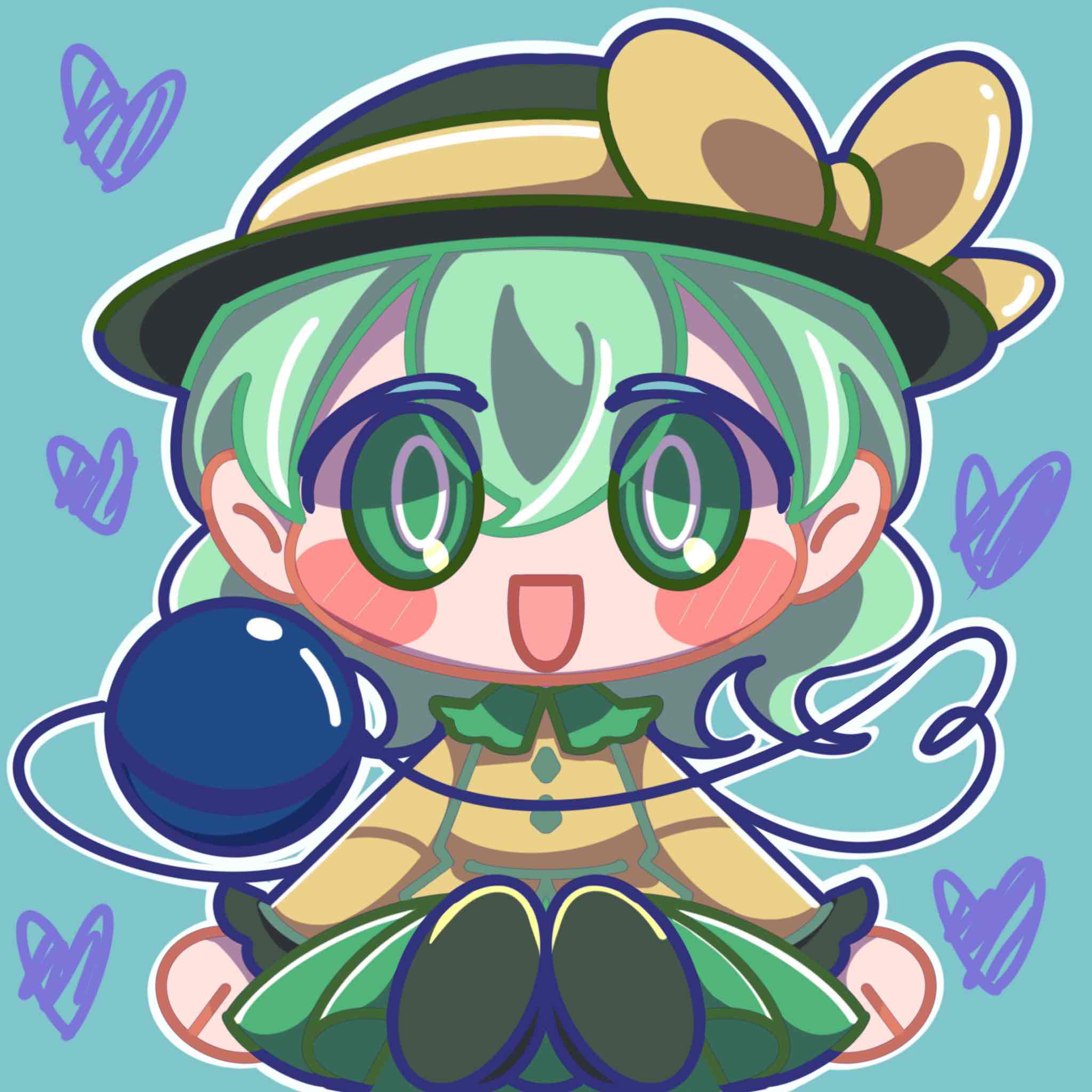 1girl :d black_footwear black_headwear blouse blush blush_stickers bow bright_pupils buttons chibi commentary diamond_button eyes_visible_through_hair frilled_shirt_collar frilled_sleeves frills full_body green_background green_hair green_skirt hair_between_eyes hat hat_bow heart heart_of_string highres komeiji_koishi long_sleeves looking_at_viewer maskin_mei medium_hair on_ground open_mouth shoes simple_background sitting skirt smile solo thigh-highs touhou white_pupils yellow_blouse yellow_bow