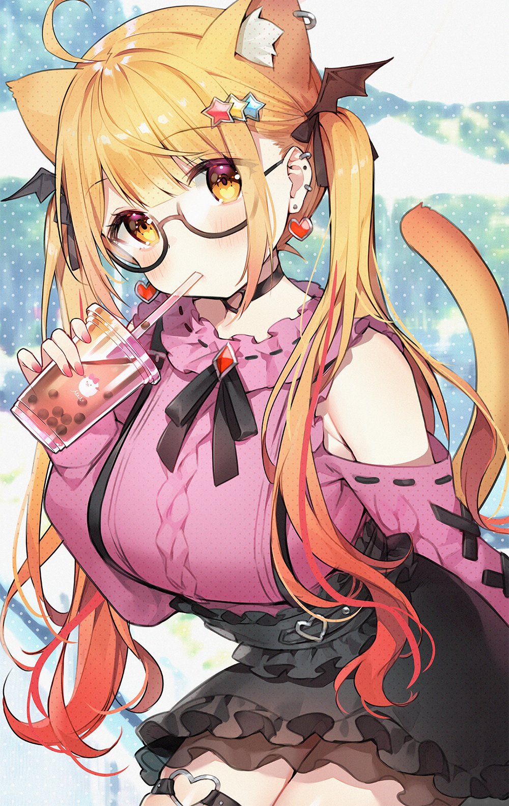 1girl ahoge animal_ears ayamy bangs black_choker black_skirt blonde_hair blush breasts cat_ears cat_tail choker clothing_cutout commentary_request cup drinking_straw_in_mouth ear_piercing extra_ears eyebrows_visible_through_hair glasses hair_ornament hair_ribbon highres holding holding_cup hololive large_breasts long_hair looking_at_viewer multicolored_hair nail_polish piercing pink_sweater redhead ribbon semi-rimless_eyewear shoulder_cutout skirt solo star_(symbol) star_hair_ornament streaked_hair sweater tail thigh_strap twintails very_long_hair virtual_youtuber wing_hair_ornament yellow_eyes yozora_mel