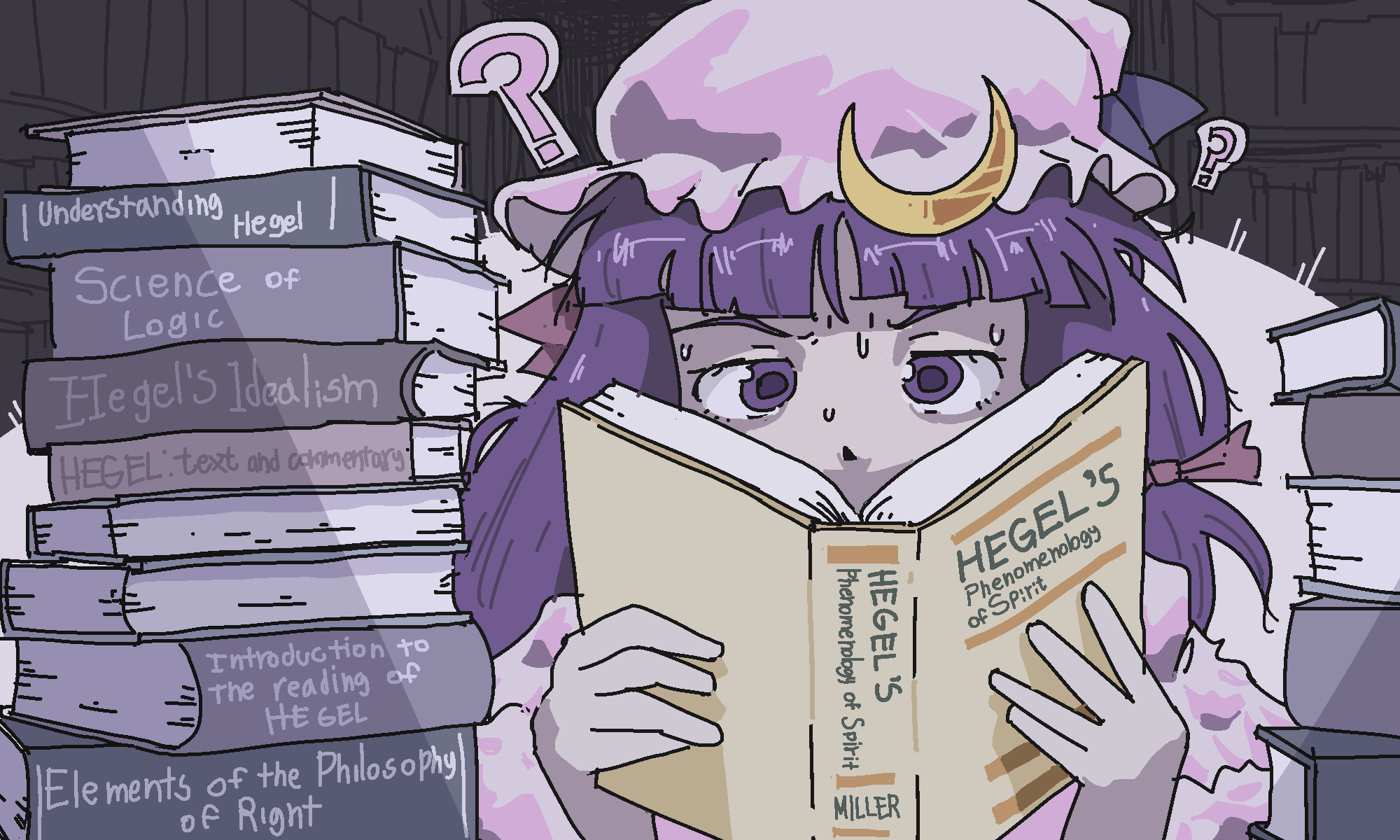 1girl ? bangs book book_stack confused hair_ribbon hat hegel highres holding library long_hair mob_cap patchouli_knowledge psicochurroz purple_hair reading ribbon solo sweat touhou violet_eyes
