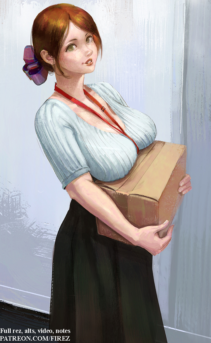1girl black_skirt box breasts brown_hair cardboard_box collarbone english_text feet firez from_side hair_ornament holding holding_box indoors lanyard large_breasts looking_at_viewer medium_hair office_lady original photo-referenced realistic shirt short_sleeves skirt solo white_shirt