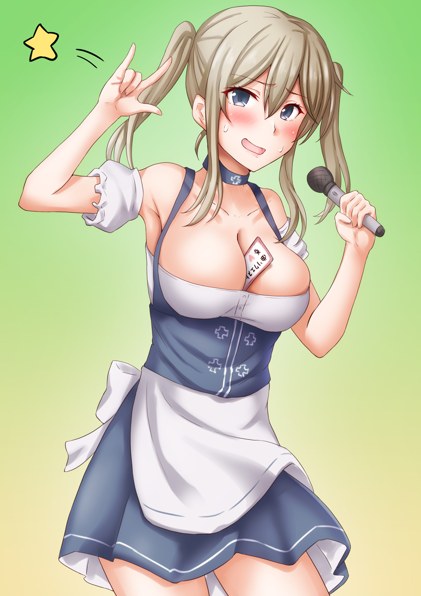 1girl alternate_costume anti_(untea9) apron arm_garter barmaid between_breasts blonde_hair blue_skirt blush breasts collarbone cross dirndl embarrassed german_clothes gradient gradient_background graf_zeppelin_(kancolle) green_background grey_eyes hair_between_eyes highres iron_cross kantai_collection large_breasts medium_hair microphone skirt solo star_(symbol) twintails underbust v waist_apron wavy_mouth