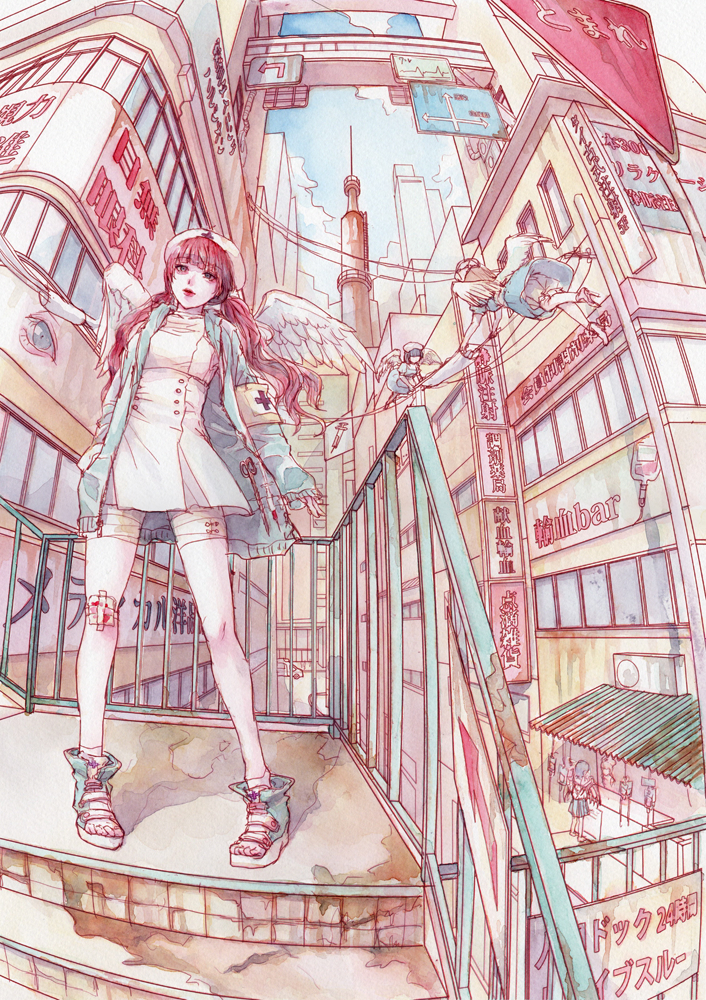 5girls angel_wings architecture ayasakiairi bandages black_hair blonde_hair city cityscape clouds dress hat multiple_girls nurse nurse_cap original outdoors painting_(medium) pink_dress pink_hair scenery sky traditional_media watercolor_(medium) wings