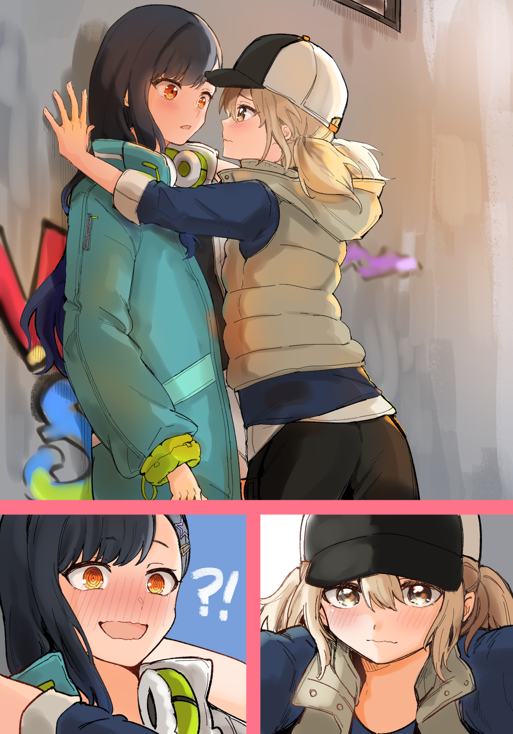 !? 2girls azusawa_kohane black_hair blonde_hair blush closed_mouth clothing_request commentary_request eye_contact graffiti hat headphones headphones_around_neck highres kabedon long_hair looking_at_another mizuyoshi multiple_girls open_mouth parted_lips project_sekai ringed_eyes shiraishi_an short_hair wavy_mouth yuri zipper zipper_pull_tab