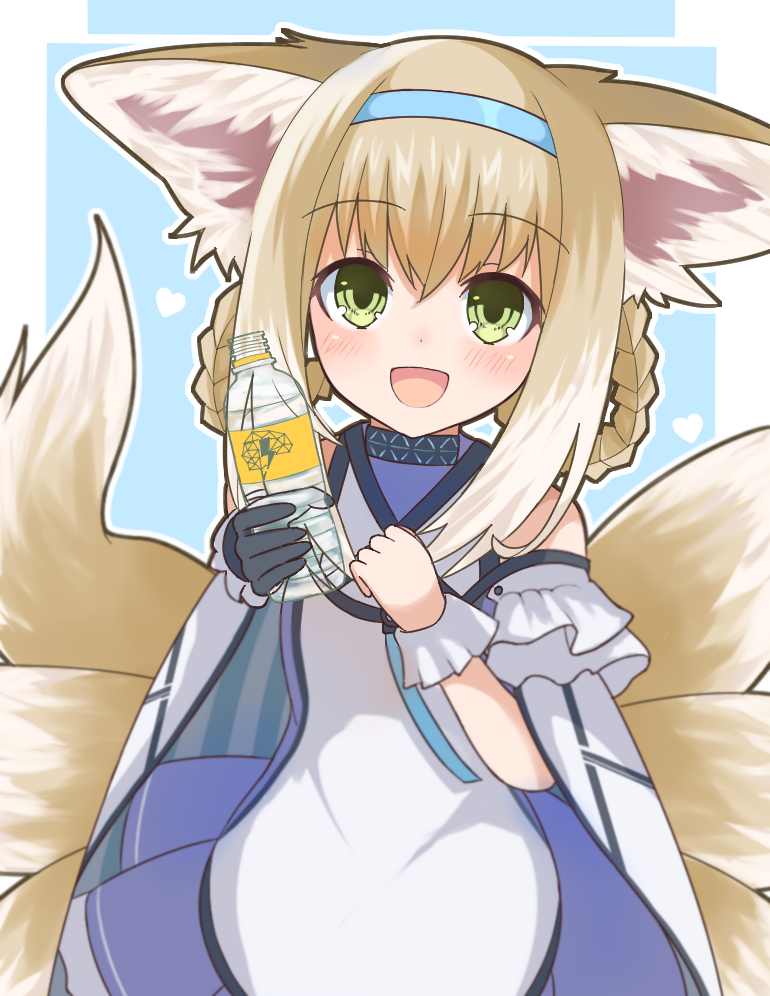 1girl :d animal_ears arknights bare_shoulders black_gloves blonde_hair blue_headband bottle braid commentary_request detached_sleeves eyebrows_visible_through_hair fox_ears fox_girl fox_tail frilled_cuffs gloves green_eyes hair_between_eyes hand_up headband heart holding holding_bottle kitsune kuwan4971 looking_at_viewer open_mouth sidelocks single_glove smile solo suzuran_(arknights) tail upper_body water_bottle wrist_cuffs
