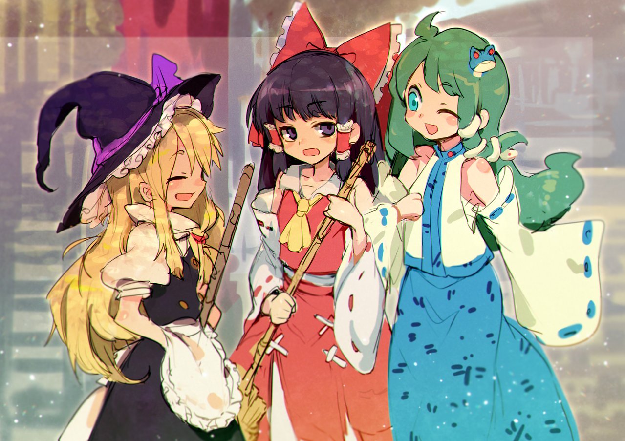 3girls apron aqua_eyes bandages bangs bare_shoulders black_dress black_hair black_headwear blonde_hair blue_eyes blue_skirt blush bow breasts broom buttons closed_eyes collared_shirt detached_sleeves dress eyebrows_visible_through_hair frills frog_hair_ornament gradient gradient_clothes green_hair hair_between_eyes hair_bow hair_ornament hair_tubes hakurei_reimu hand_up hands_on_hips hands_up hat hat_bow ifelt_(tamaki_zutama) kirisame_marisa kochiya_sanae long_hair long_sleeves looking_at_another medium_breasts medium_hair multiple_girls one_eye_closed open_mouth puffy_short_sleeves puffy_sleeves purple_bow red_bow red_skirt red_vest shirt short_sleeves skirt smile snake_hair_ornament standing torii touhou tree vest violet_eyes white_apron white_shirt wide_sleeves witch_hat