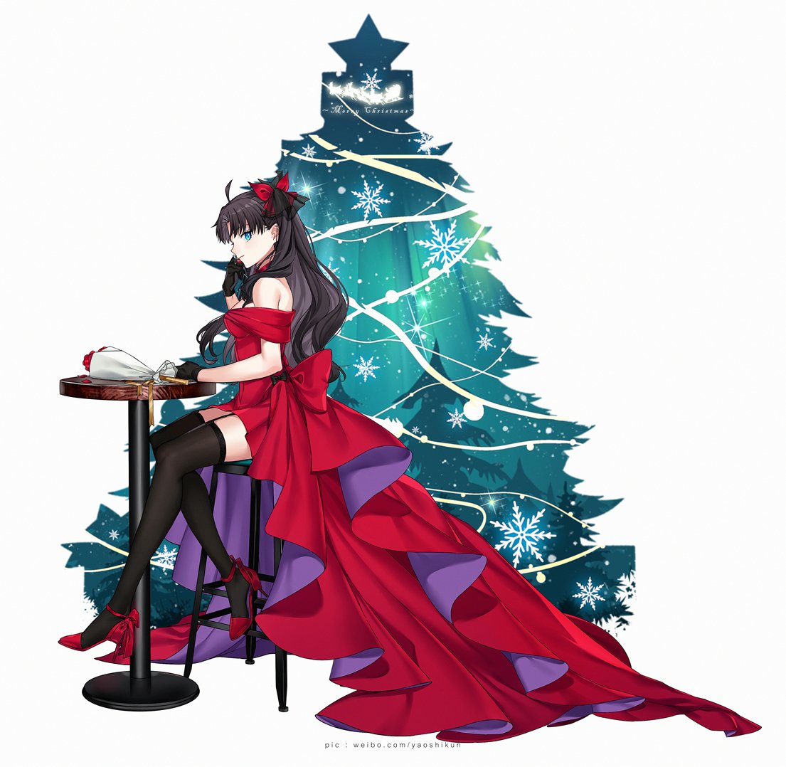 1girl bangs bare_shoulders black_hair blue_eyes breasts christmas_tree dress fate/stay_night fate_(series) long_hair looking_at_viewer medium_breasts red_dress solo tohsaka_rin two_side_up yaoshi_jun