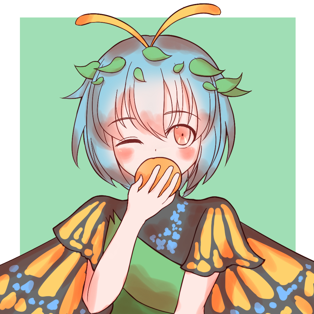 1girl antennae aqua_hair bad_id bad_pixiv_id blush border butterfly_wings dress eternity_larva eyebrows_visible_through_hair fairy food fruit green_dress hair_between_eyes holding holding_food holding_fruit leaf leaf_on_head multicolored_clothes multicolored_dress one_eye_closed orange_(fruit) orange_eyes short_hair short_sleeves single_strap skyw solo third-party_source touhou upper_body white_border wings