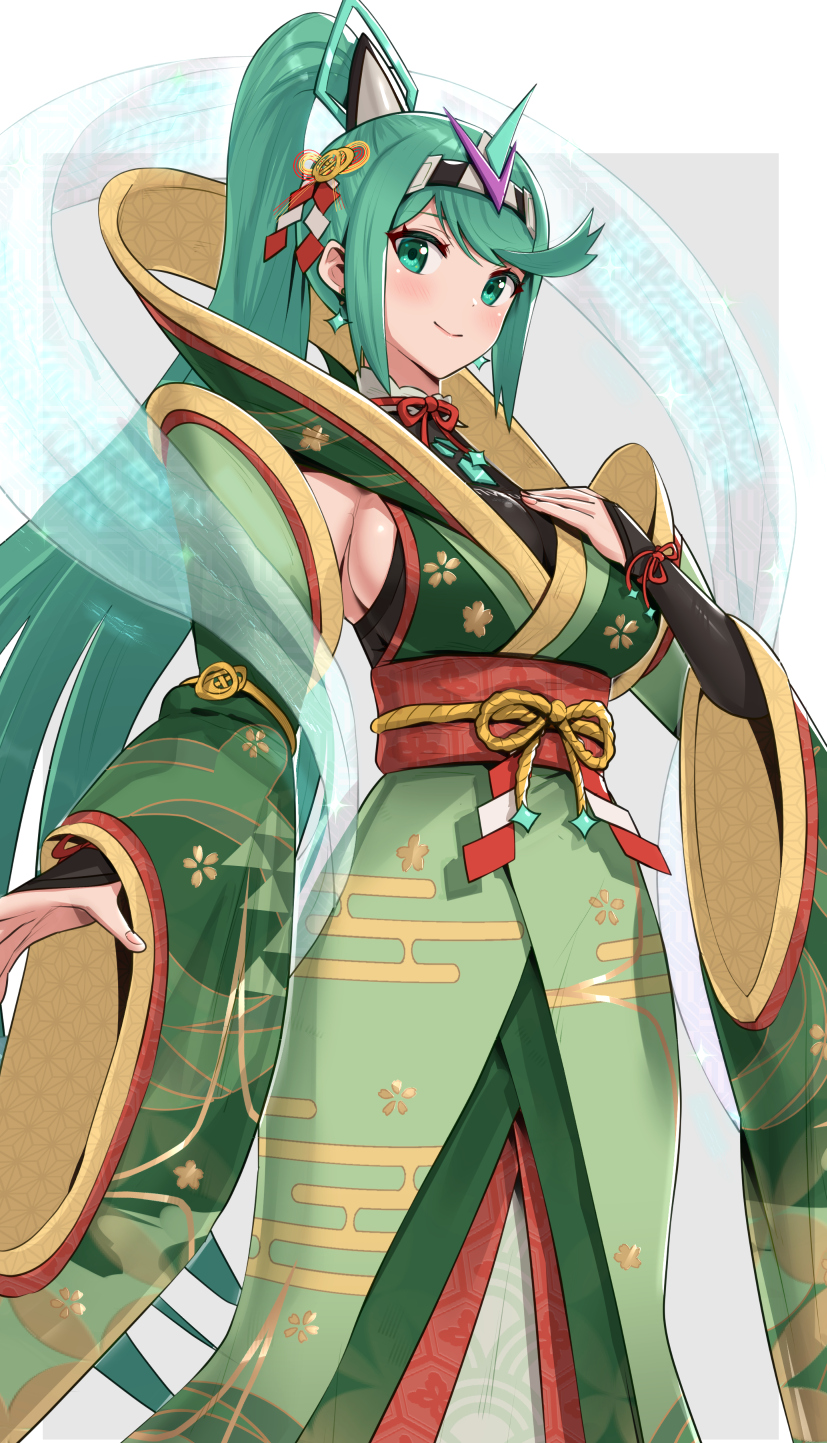 1girl alternate_costume bangs breasts chest_jewel gonzarez green_eyes green_hair highres japanese_clothes large_breasts long_hair pneuma_(xenoblade) ponytail sideboob solo swept_bangs very_long_hair xenoblade_chronicles_(series) xenoblade_chronicles_2