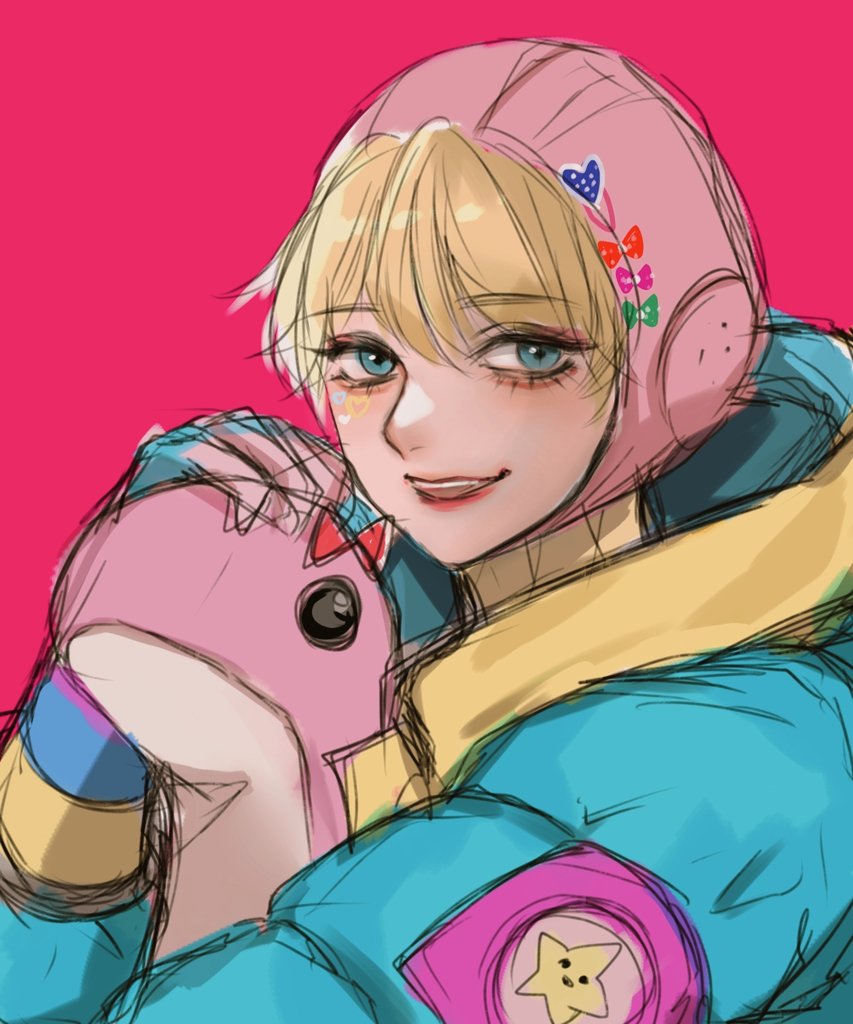 1girl apex_legends blonde_hair blue_eyes blue_jacket bow eyebrows_visible_through_hair holding holding_stuffed_toy hood hooded_jacket jacket kawaii_voltage_wattson nessie_(respawn) open_mouth pink_headwear red_background red_bow ribbed_sweater sketch solo stuffed_toy sweater tama_(ponz3o1) unfinished wattson_(apex_legends) yellow_sweater