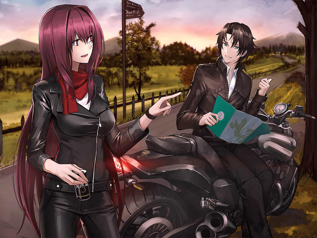 1boy 1girl :d bangs black_jacket black_pants blue_eyes breasts brown_hair can collared_shirt day eyebrows_visible_through_hair fate/empire_of_dirt fate_(series) game_cg grin ground_vehicle hair_between_eyes hair_intakes holding holding_can holding_map ikemeru19 jacket long_hair long_sleeves map medium_breasts motor_vehicle motorcycle outdoors pants purple_hair red_eyes red_scarf scarf scathach_(fate) shiny shiny_hair shirt short_hair sitting smile straight_hair very_long_hair watch watch white_shirt wing_collar