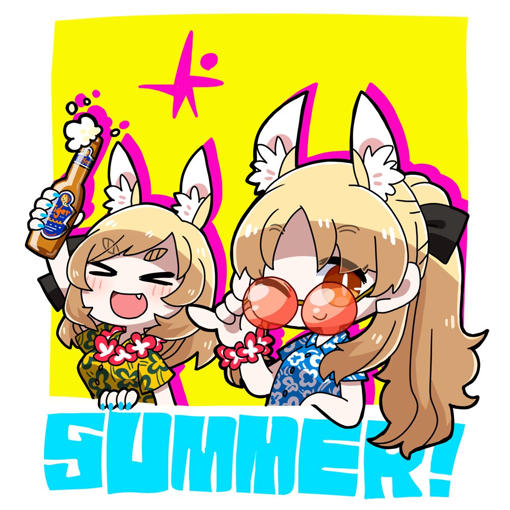 &gt;_&lt; 2girls :d ;) animal_ear_fluff animal_ears arknights arm_up bangs beer_bottle black_bow blonde_hair blue_nails blue_shirt bottle bow brown_eyes character_request closed_eyes commentary_request dog-san drop_shadow english_text eyebrows_visible_through_hair eyewear_pull fang floral_print flower foam hair_bow hawaiian_shirt holding holding_bottle horse_ears long_hair multiple_girls nail_polish one_eye_closed parted_bangs ponytail print_shirt pulled_by_self red-tinted_eyewear red_flower round_eyewear shirt short_eyebrows short_sleeves smile thick_eyebrows tinted_eyewear two-tone_background upper_body whislash_(arknights) white_background xd yellow_background yellow_shirt