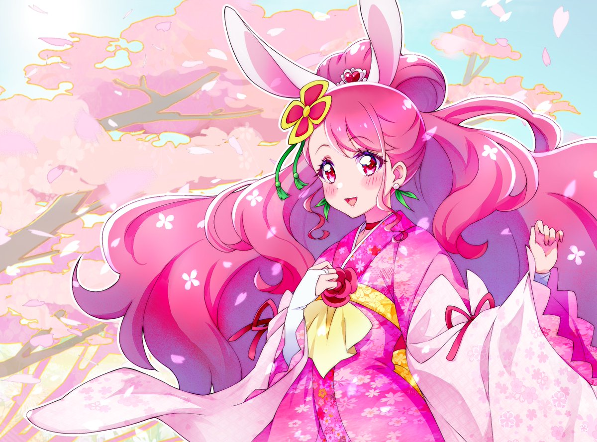 1girl :d animal_ears asymmetrical_bangs bangs blush cure_grace detached_sleeves earrings eyebrows_visible_through_hair floating_hair healin'_good_precure japanese_clothes jewelry kimono kyoutsuugengo long_hair long_sleeves pink_hair pink_kimono precure rabbit_ears red_eyes red_ribbon ribbon ribbon-trimmed_sleeves ribbon_trim shiny shiny_hair smile solo spring_(season) standing very_long_hair white_sleeves wide_sleeves yukata