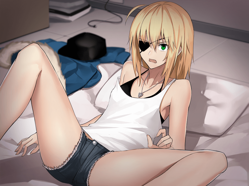 1girl ahoge bangs black_bra blonde_hair blush bra collarbone denim denim_shorts eyebrows_visible_through_hair eyepatch fate/empire_of_dirt fate_(series) futon game_cg green_eyes grey_shorts hair_between_eyes halterneck ikemeru19 jewelry long_hair necklace open_mouth pillow saber_(empire_of_dirt) shirt short_shorts shorts sleeveless sleeveless_shirt solo spread_legs straight_hair underwear white_shirt