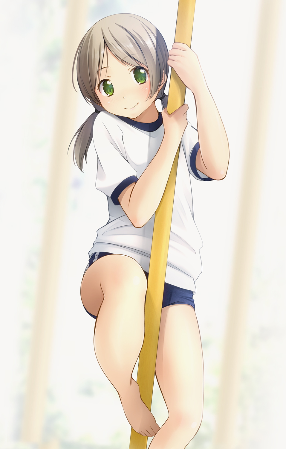 1girl arm_up bangs barefoot blue_buruma blurry blurry_background brown_hair buruma climbing commentary_request depth_of_field eyebrows_visible_through_hair feet_out_of_frame green_eyes gym_shirt gym_uniform hand_up highres long_hair low_twintails original parted_bangs pole puffy_short_sleeves puffy_sleeves shibacha shirt short_sleeves solo twintails white_shirt