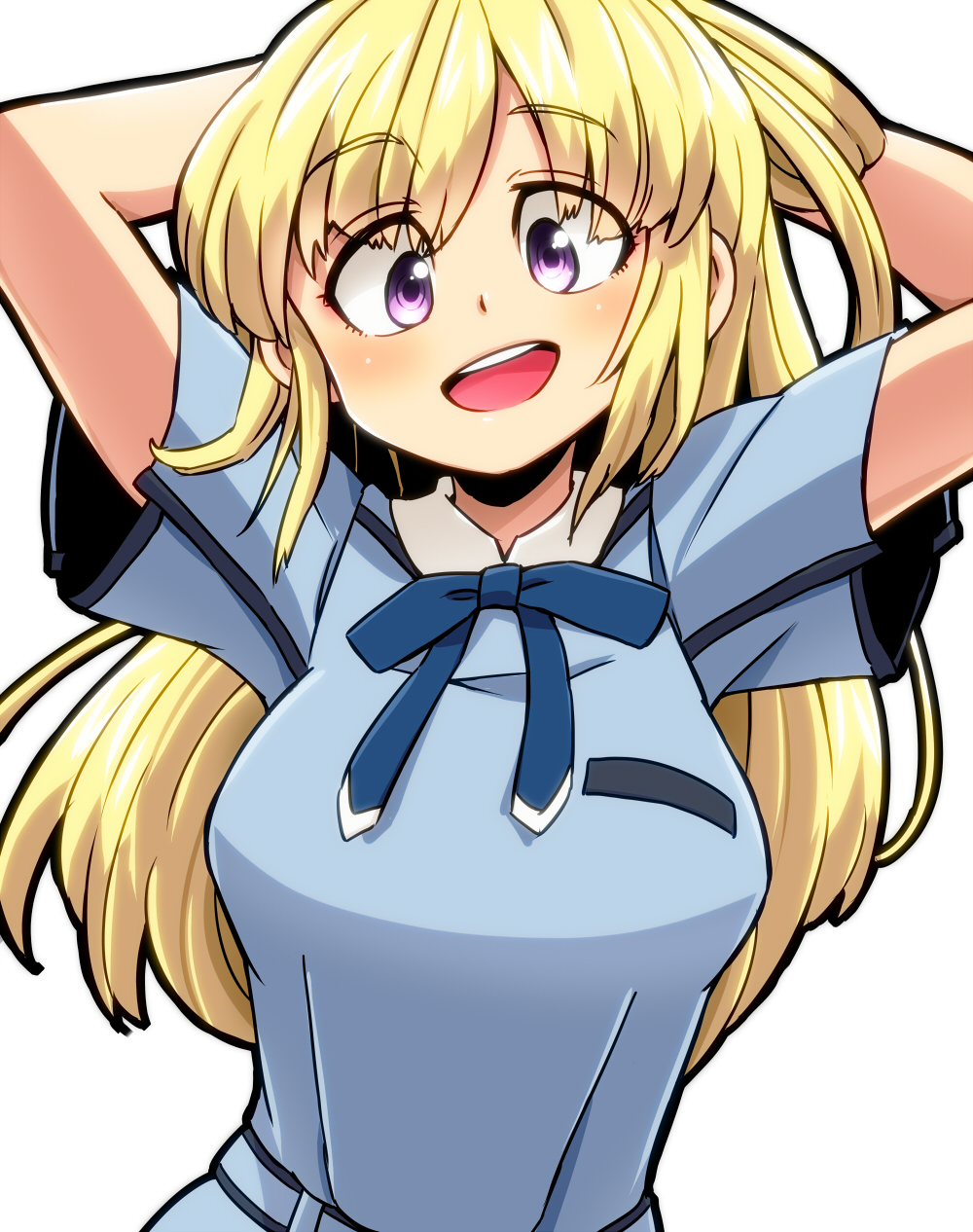 1girl adjusting_hair aono3 arms_behind_head arms_up blonde_hair blue_shirt blush breasts character_request copyright_request eyebrows_visible_through_hair highres large_breasts looking_at_viewer open_mouth shirt short_sleeves smile solo taut_clothes taut_shirt teeth upper_teeth violet_eyes