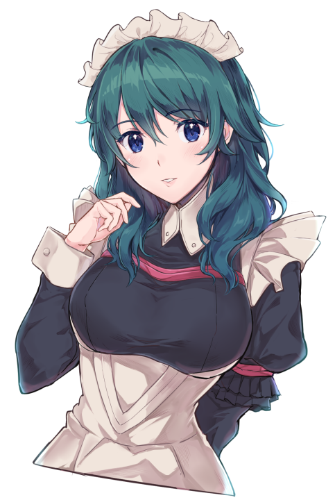 1girl arm_behind_back bangs black_dress blue_eyes blush breasts byleth_(fire_emblem) byleth_eisner_(female) corset cropped_torso dress eyebrows_visible_through_hair fire_emblem fire_emblem:_three_houses frills green_hair juliet_sleeves large_breasts long_sleeves looking_at_viewer maid_headdress miyazakit parted_lips puffy_sleeves smile solo underbust upper_body wrist_cuffs