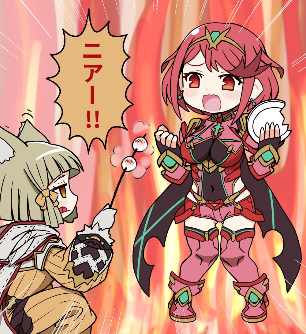 animal_ears bangs black_gloves blunt_bangs bodysuit breasts cat_ears chest_jewel chibi earrings fingerless_gloves gloves jewelry large_breasts ma2acworks nia_(xenoblade) pyra_(xenoblade) red_eyes red_legwear red_shorts redhead short_hair short_shorts shorts silver_hair swept_bangs thigh-highs tiara white_gloves xenoblade_chronicles_(series) xenoblade_chronicles_2 yellow_bodysuit yellow_eyes