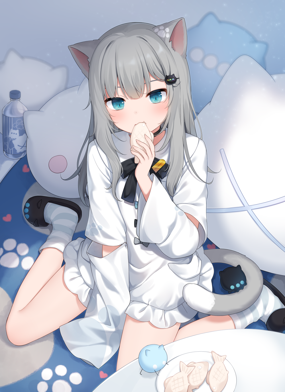 1girl amashiro_natsuki animal_ears bed black_footwear blue_eyes bottle cat_ears cat_girl cat_tail commentary_request cookie cushion dress eating food grey_hair hair_ornament hairclip hand_up highres holding holding_food indie_virtual_youtuber long_hair looking_at_viewer nacho_(amashiro_natsuki) pillow plate sitting slippers socks solo striped striped_legwear tail wariza white_dress