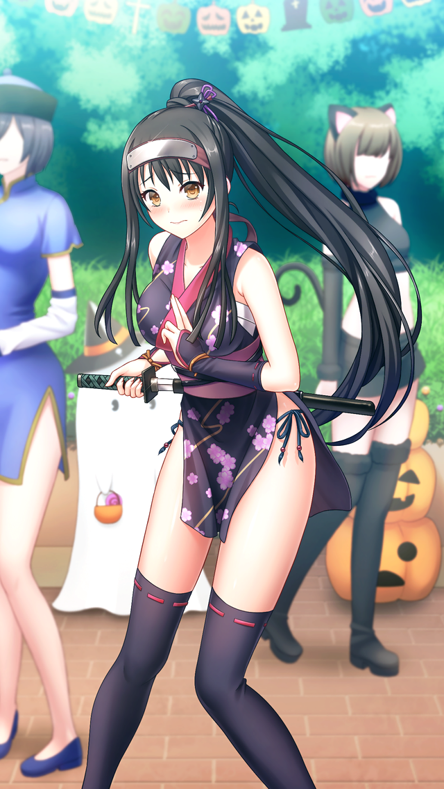 3girls black_hair black_kimono black_legwear blush breasts brown_eyes brown_hair closed_mouth collarbone cosplay doukyuusei_another_world embarrassed faceless faceless_female floating_hair floral_print game_cg headband high_ponytail holding holding_sword holding_weapon japanese_clothes kimono large_breasts long_hair multiple_girls ninja outdoors print_kimono ribbon-trimmed_legwear ribbon_trim sarashi sheath shiny shiny_hair short_hair short_kimono sleeveless sleeveless_kimono solo_focus sword thigh-highs unsheathing very_long_hair weapon