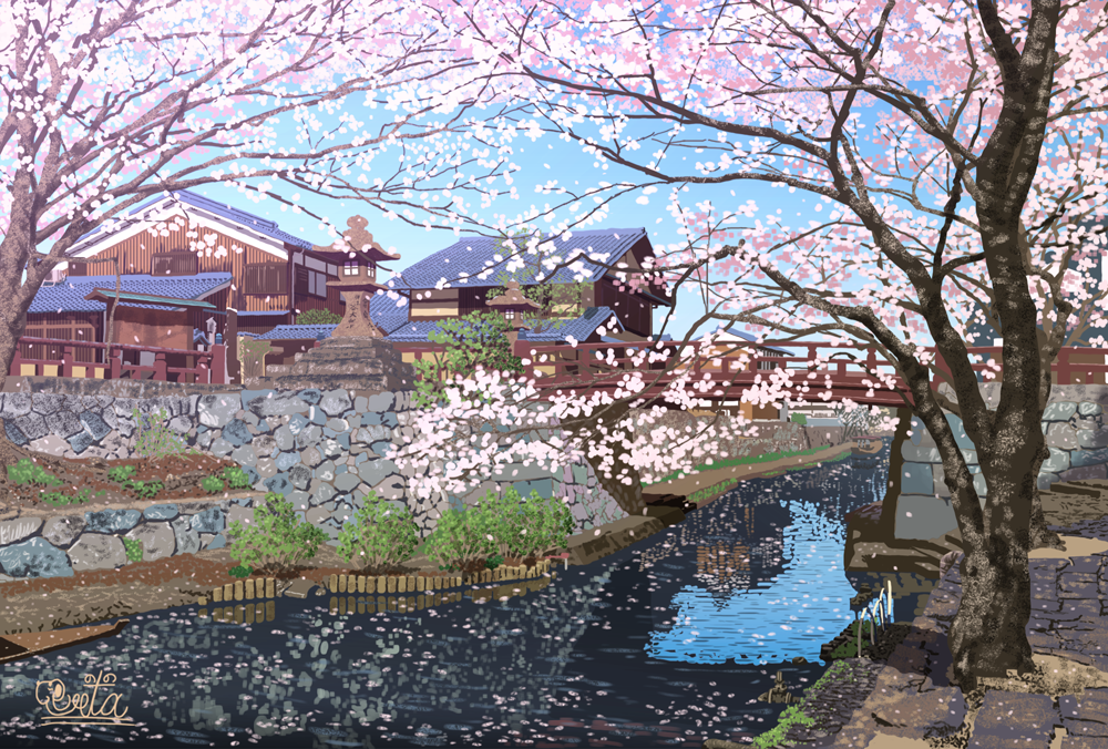 blue_sky bridge cherry_blossoms day house landscape no_humans original outdoors river scenery signature sky spring_(season) suupii