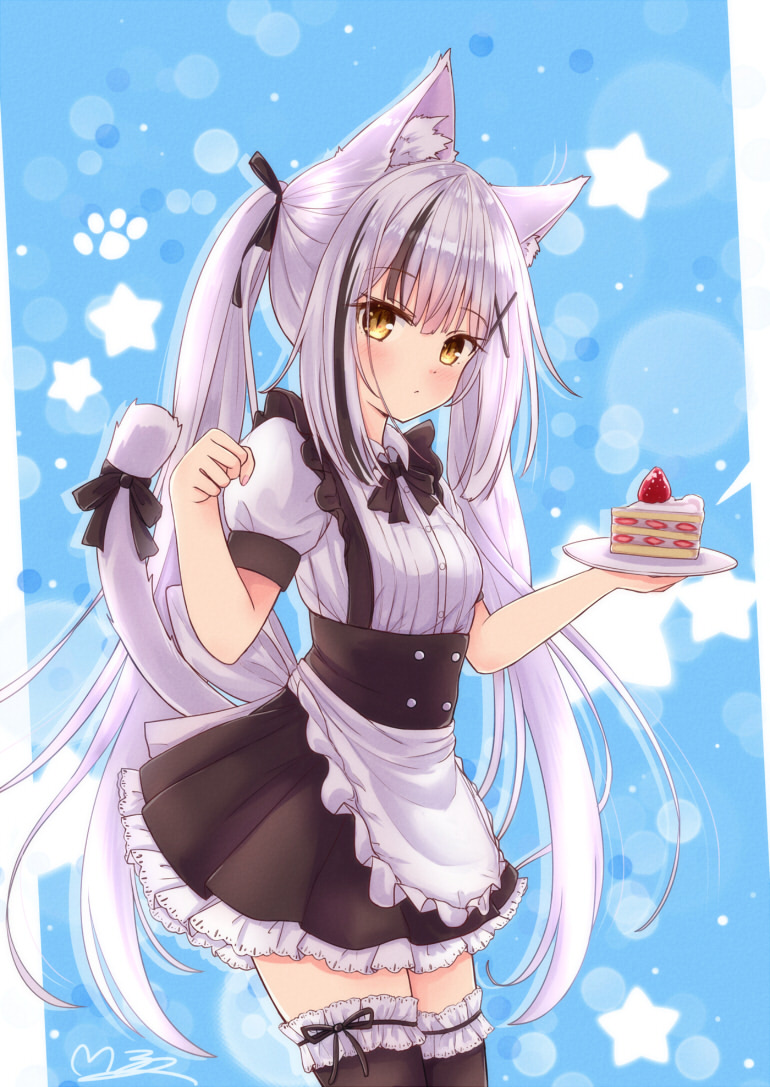 1girl animal_ear_fluff animal_ears apron bangs black_bow black_dress black_hair black_legwear blush bow bow_dress bow_legwear cake cat_ears cat_girl cat_tail cowboy_shot dress eyebrows_visible_through_hair food frilled_dress frilled_legwear frills hair_bow hair_ornament hair_over_shoulder hairpin hands_up holding holding_plate long_hair looking_at_viewer m_ko_(maxft2) maid multicolored_clothes multicolored_dress multicolored_hair original paw_pose plate short_dress short_sleeves signature silver_hair solo tail tail_bow tail_ornament tail_raised thigh-highs twintails very_long_hair white_dress yellow_eyes zettai_ryouiki