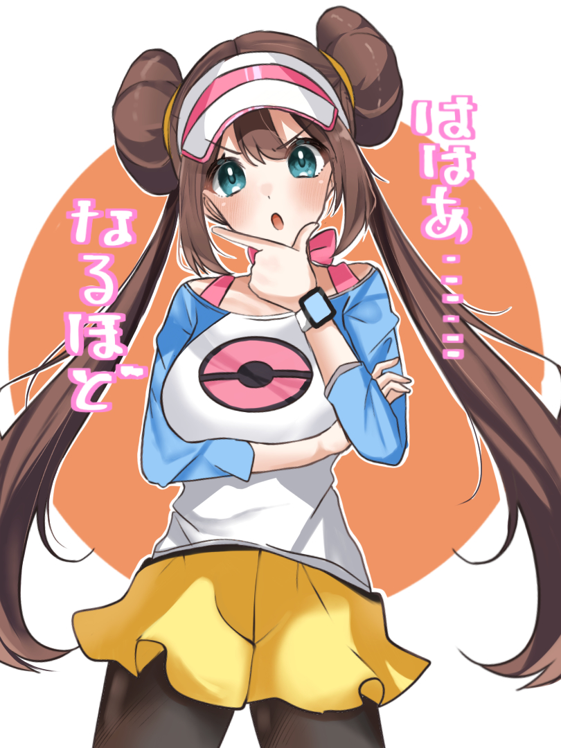 1girl bangs black_legwear blush bow breasts brown_hair chin_stroking commentary cowboy_shot double_bun large_breasts legwear_under_shorts long_hair looking_at_viewer open_mouth pantyhose pink_bow pokemon pokemon_(game) pokemon_bw2 pokemon_masters_ex raglan_sleeves rosa_(pokemon) shirt short_shorts shorts solo translated twintails visor_cap yellow_shorts yuu_(mwms4882)