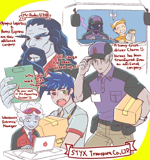 6+boys ^_^ alternate_universe astraea_f baseball_cap black_hair black_sclera charon_(hades) clipboard closed_eyes collared_shirt colored_sclera computer contemporary eating english_text facial_hair green_eyes ground_vehicle gyro hades_(game) hades_(hades) hat hermes_(hades) heterochromia hypnos_(hades) laptop male_focus mismatched_sclera motor_vehicle multiple_boys mustache necktie open_mouth package red_eyes shirt smile thanatos_(hades) truck white_hair winged_hat yellow_eyes zagreus_(hades)