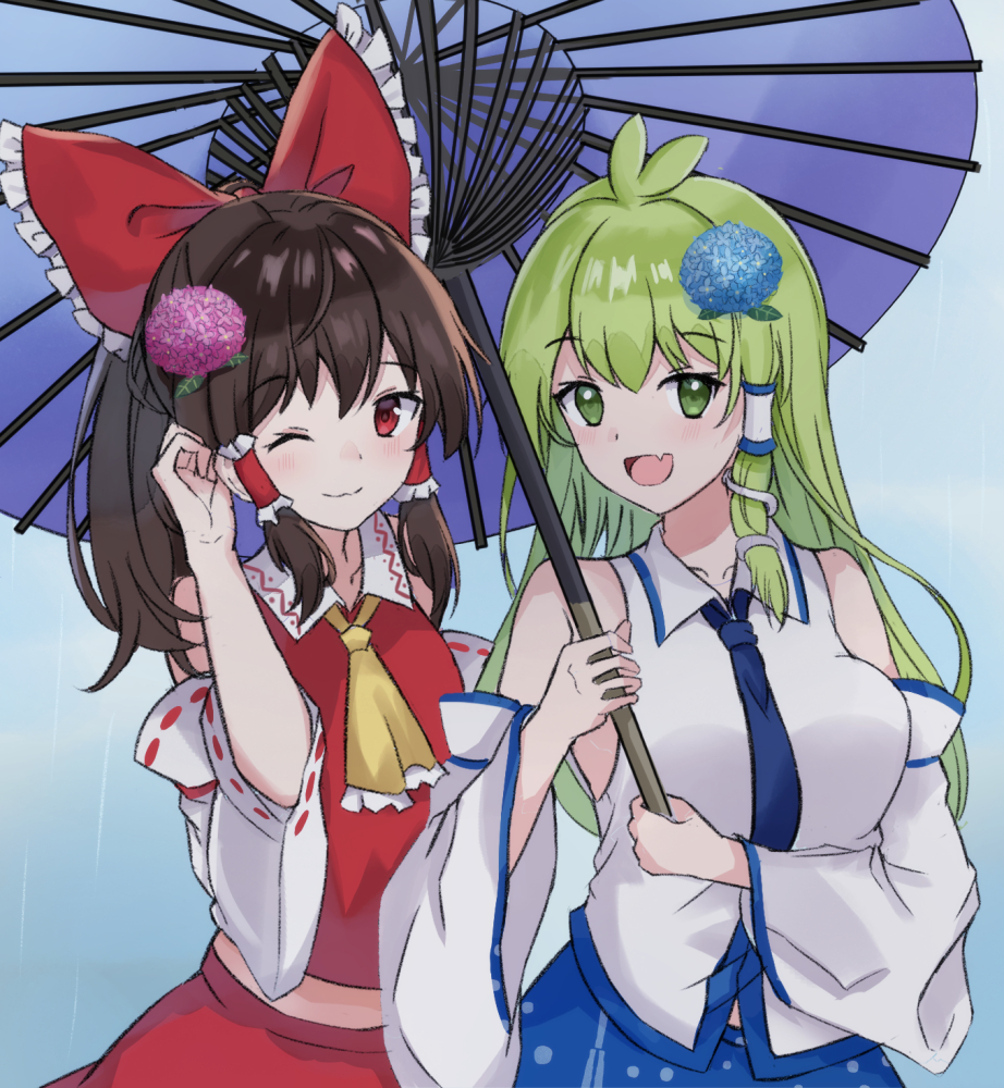 2girls :d ;) ahoge ascot bangs black_hair blue_flower blue_necktie bow closed_mouth collared_shirt detached_sleeves english_commentary fang flower green_eyes green_hair hair_bow hair_flower hair_ornament hair_tubes hakurei_reimu holding holding_umbrella kochiya_sanae long_hair medium_hair multico multiple_girls necktie nontraditional_miko one_eye_closed open_mouth outdoors pink_flower rain red_bow red_eyes red_shirt ribbon-trimmed_sleeves ribbon_trim shirt skin_fang smile touhou umbrella upper_body white_shirt wide_sleeves yellow_ascot