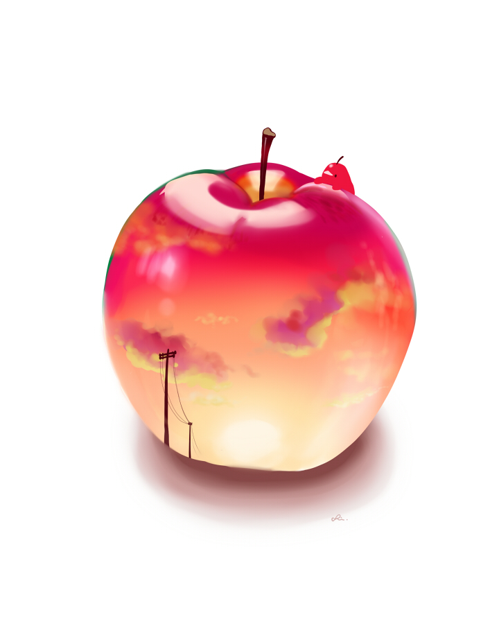apple artist_name bird chai clouds food food_focus fruit gradient_sky no_humans original power_lines red_sky simple_background sky twilight white_background