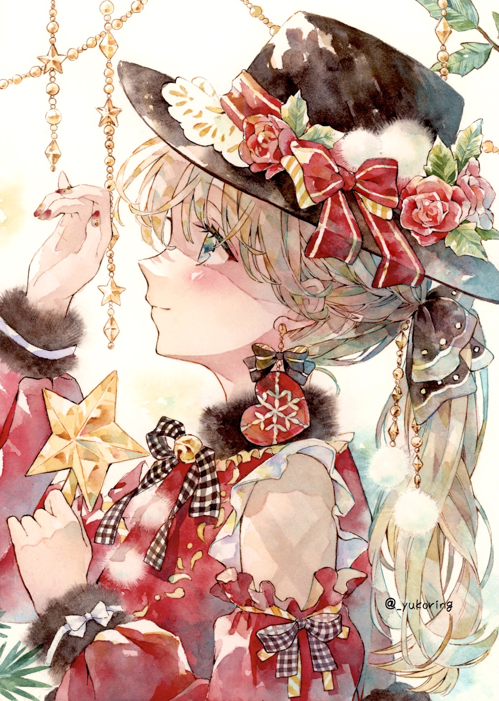 1girl arm_up bangs bell black_bow blonde_hair blue_eyes blush bow bowtie checkered_bow checkered_clothes closed_mouth commentary_request detached_sleeves earrings eyebrows_visible_through_hair frilled_sleeves frills from_side fur-trimmed_sleeves fur_trim hair_between_eyes hair_bow hat hat_bow highres holding jewelry long_hair looking_up making-of_available nail_polish neck_bell off_shoulder original painting_(medium) ponytail red_bow red_nails red_shirt ribbon shirt smile solo standing star_(symbol) sunlight tied_hair traditional_media twitter_username upper_body watercolor_(medium) white_ribbon wrist_ribbon yukoring