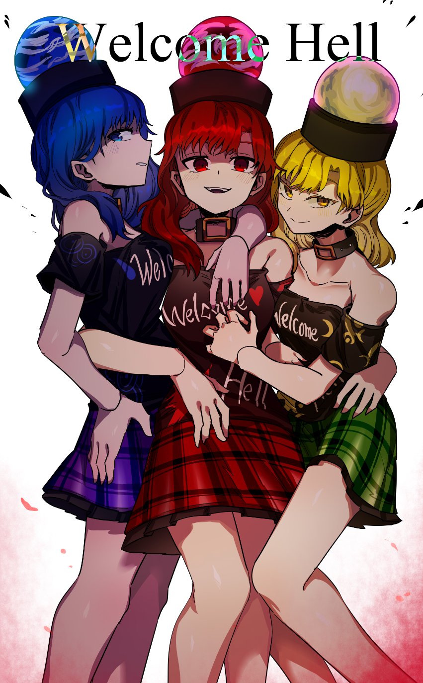 3girls arm_up asuku_(69-1-31) bangs bare_legs bare_shoulders black_choker black_headwear black_shirt blonde_hair blue_eyes blue_hair blush breasts brown_choker choker closed_mouth clothes_writing crescent crescent_print earth_(ornament) english_text green_skirt hand_on_hip hands_up heart heart_print hecatia_lapislazuli hecatia_lapislazuli_(earth) hecatia_lapislazuli_(moon) highres looking_at_viewer looking_to_the_side medium_breasts medium_hair miniskirt moon_(ornament) multiple_girls off-shoulder_shirt off_shoulder open_mouth petals pink_headwear plaid plaid_skirt polos_crown purple_skirt red_eyes red_headwear red_heart red_skirt redhead shaded_face shirt short_sleeves simple_background skirt smile standing t-shirt teeth touhou white_background yellow_eyes